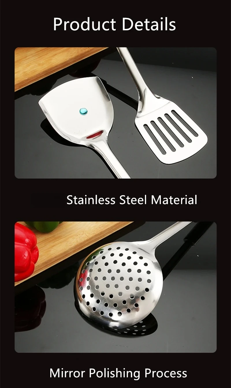 Durable Stainless Steel Wok Spatula Long Handle Kitchen Gadgets Colander Strainer Spoon Cooking Tools