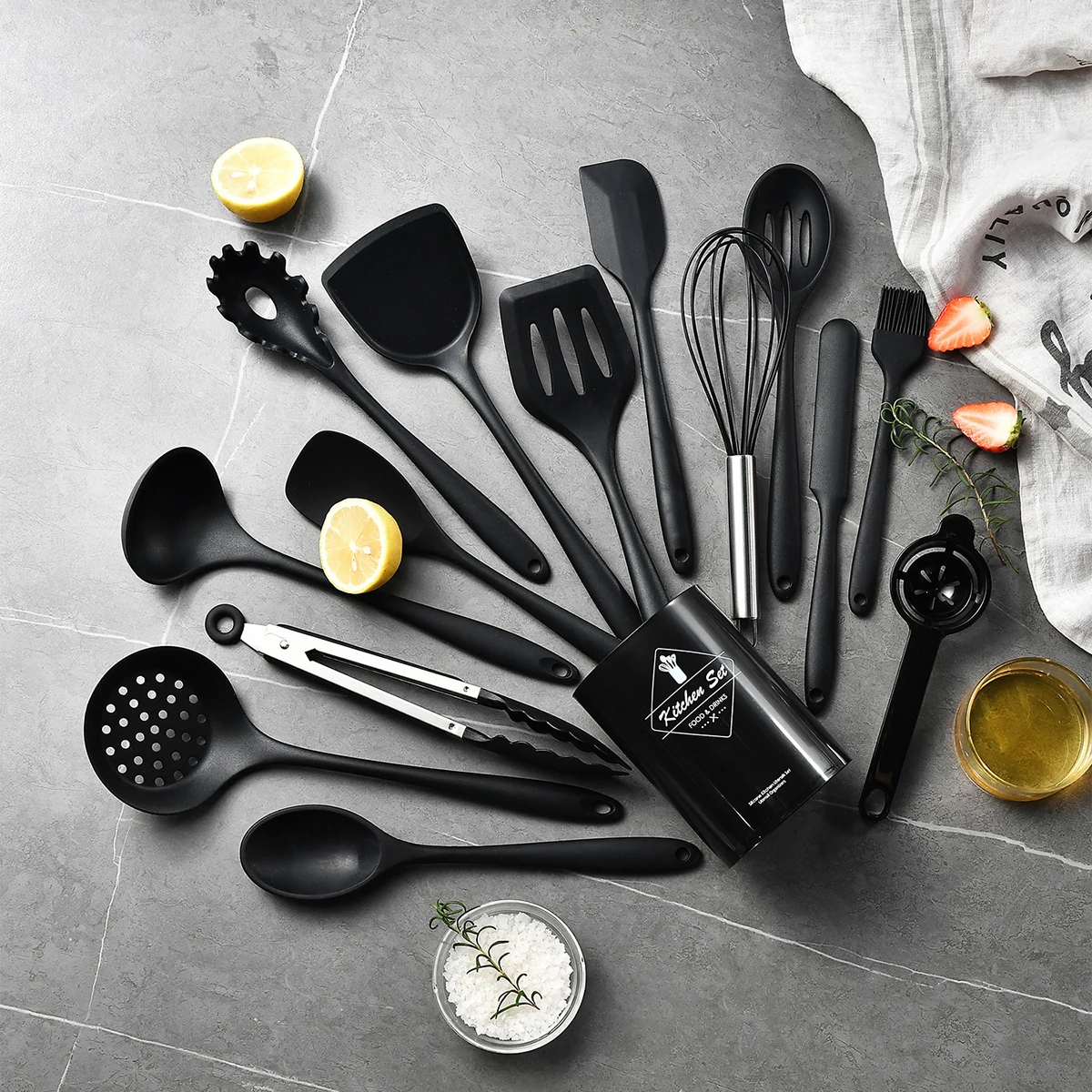 15pcs Pink Silicone Kitchenware with Storage Bucket Spatula Shovel Ladle Cookware Kitchen Utensils Set Non-Stick Cooking Tools